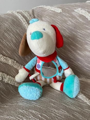 Peluche doudou d'éveil 35cm BabySun chien bleu blanc marron a pois et rayure très bon état