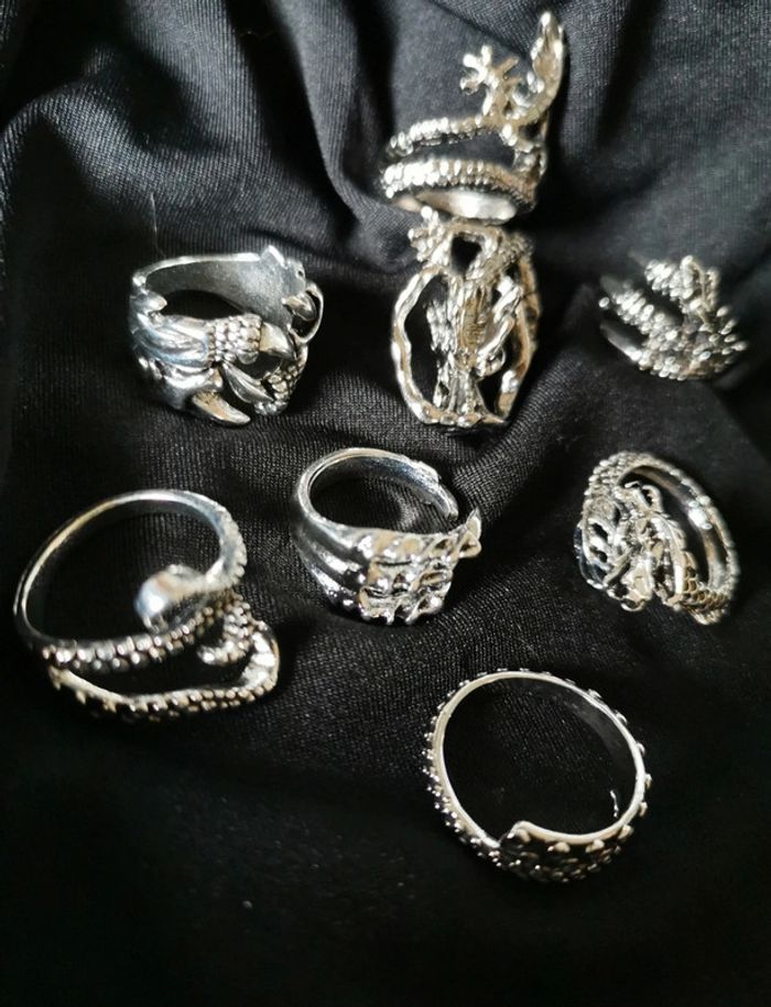 Lot de 7 bagues gothic biker chromé argenté tendance ajustable - photo numéro 3