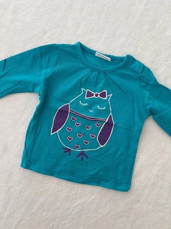 Tee shirt bleu et violet hibou 3 mois