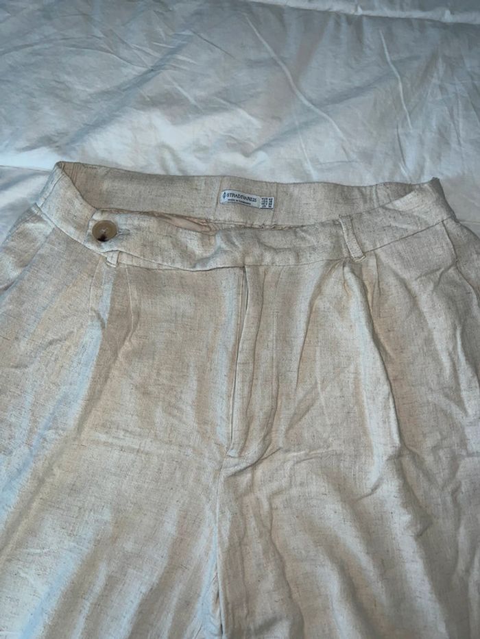 Pantalon Large Taille Haute Beige Lin Stradivarius 42 - photo numéro 4