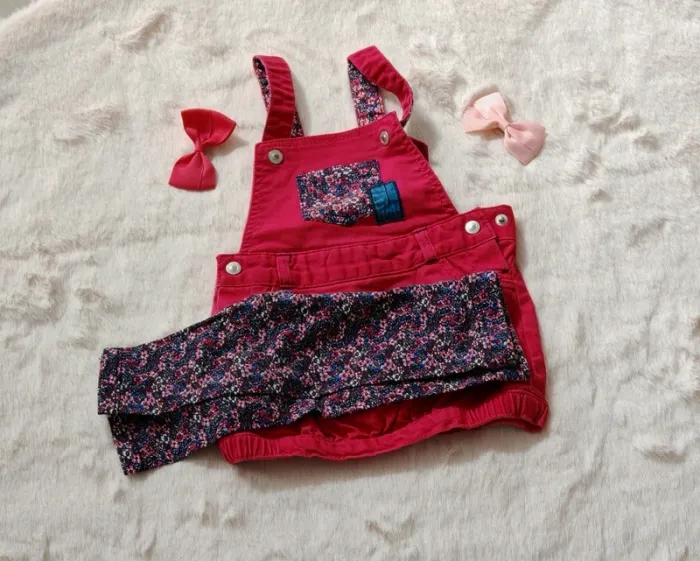 Ensemble Fille Sergent Major 6-9 mois robe salopette fuchsia et legging fleuri - photo numéro 2
