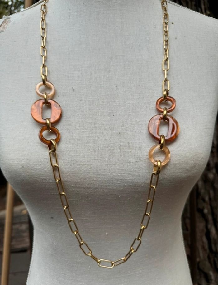 Collier sautoir réglable maillons xl acier inoxydable or et résine tons léopard