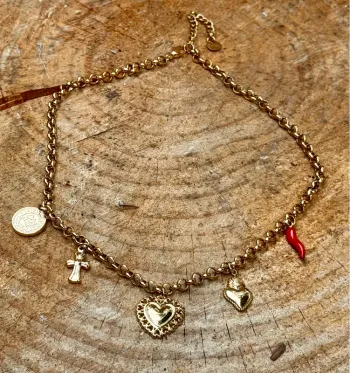 Collier chaîne épaisse acier inoxydable or breloques pièce croix ex-voto