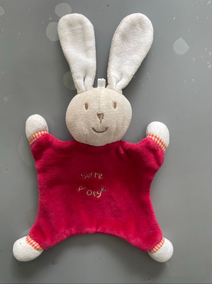 Petit doudou lapin Sucre d'Orge rouge et blanc très bon état - photo numéro 5