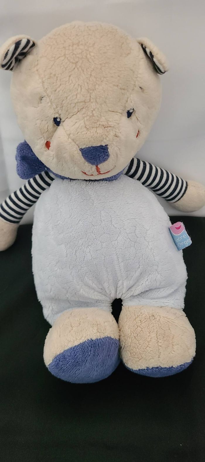 Doudou Ours bleu beige et rayé blanc SUCRE D’ORGE
