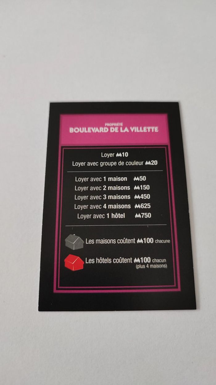 Carte Boulevard de la villette pièce jeu de société Monopoly mauvais perdants Hasbro Gaming #B77 - photo numéro 2