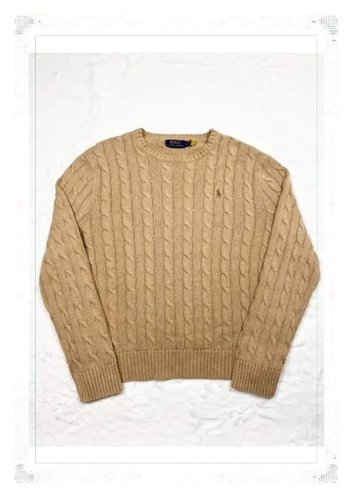 Ralph Lauren pull torsadé col ras de cou beige homme taille L coton - photo numéro 2