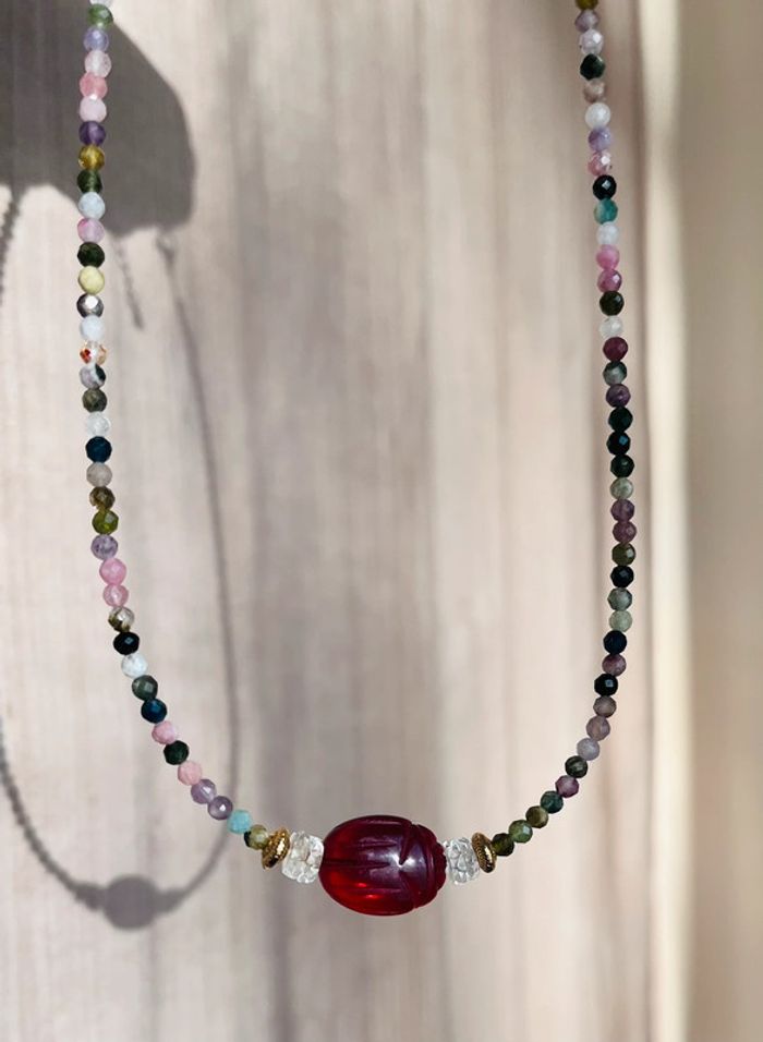 Collier amulette scarabée Grenat, Tourmalines et Cristal de Roche - photo numéro 3