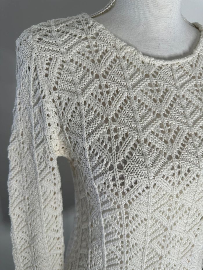 Pull en crochet tricot maille ajourée blanc Vintage T38 M - photo numéro 2