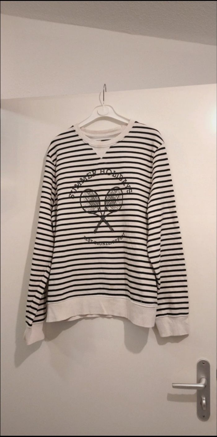 Pull marinière noir et blanc manches côtelées imprimé tennis vacances holidays coton