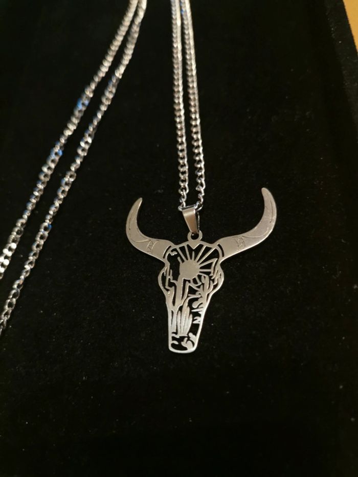 Collier et pendentif style cowboy country taureau - photo numéro 2