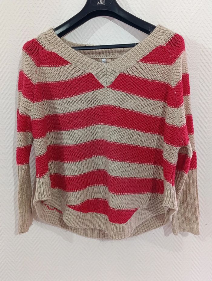 Pull mailles taille unique framboise et beige