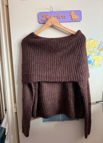 Pull à col bardot marron avec filaments argentés en laine mélangée, taille unique, marque Copperose