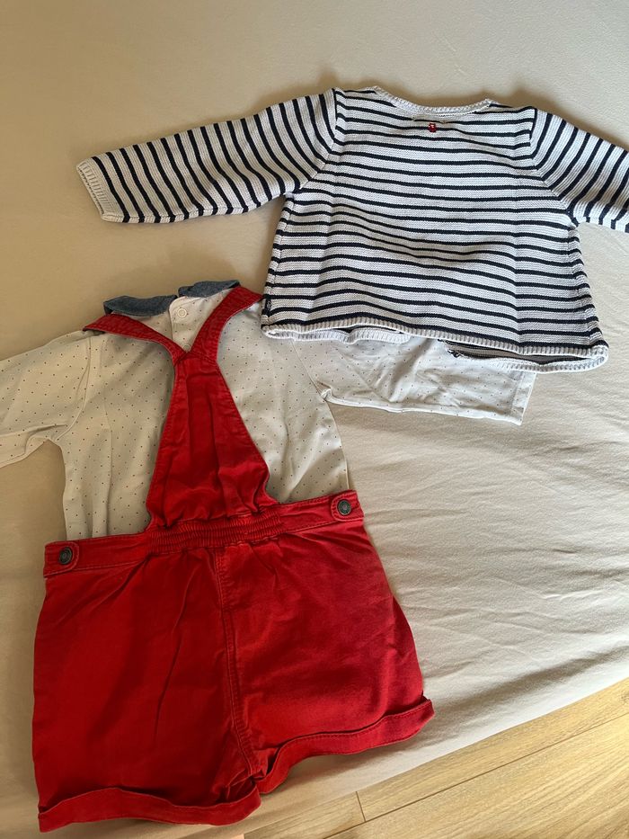 Ensemble fille 12 mois okaidi obaibi salopette courte, gilet esprit marin - photo numéro 3