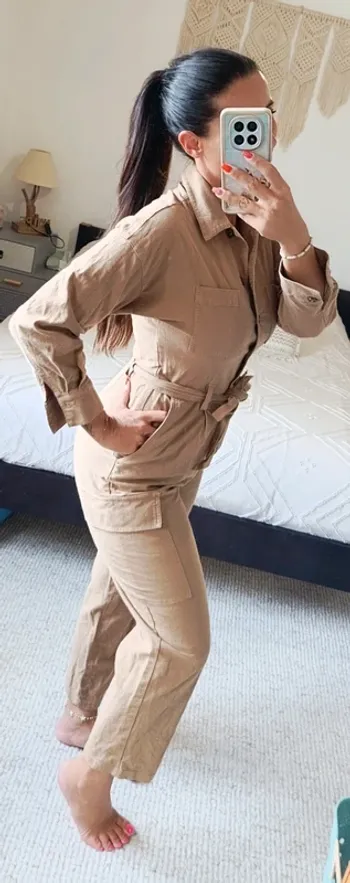 Combinaison H&M 36 beige marron ceinture assortie coton élasthanne
