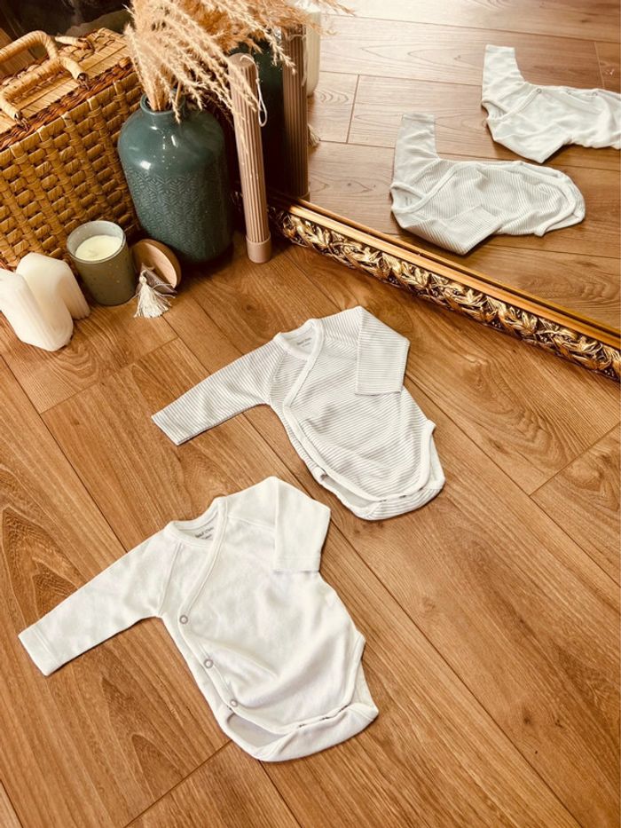 Taille naissance lot de 2 bodies manches longues garçon Boutchou blanc gris 💙