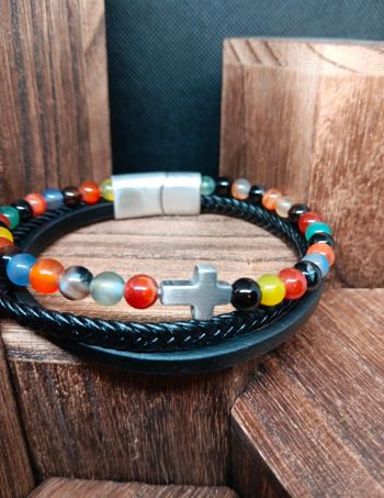 Bracelet tressé en cuir & pierres minérales , bille de verre– Fermoir magnétique – 23cm

