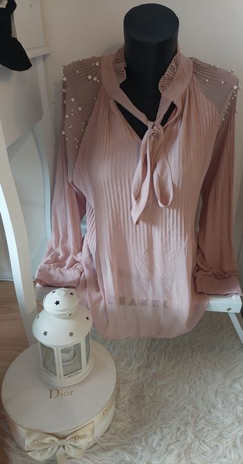 Blouse transparente rose nude perles T.U TBE 🌸