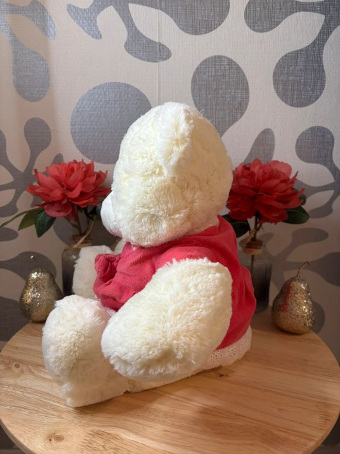 🌺Peluche ours blanc crème avec robe et noeud papillon rose🌺 - photo numéro 8