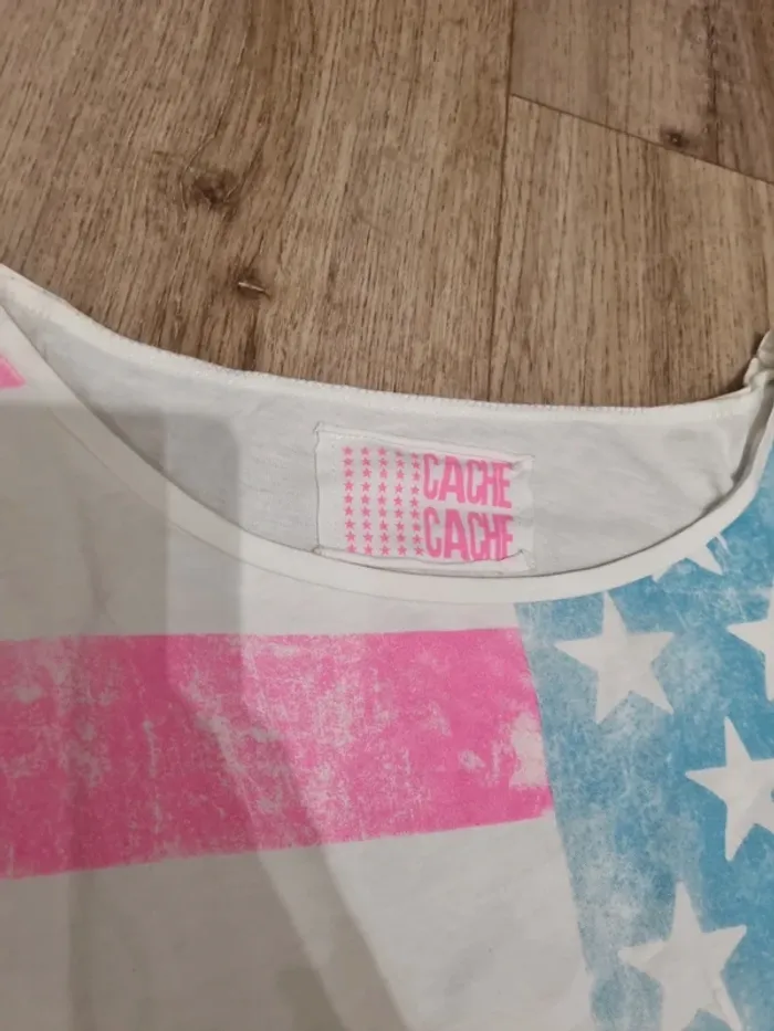 T shirt drapeau americain delavé bleu et rose cache cache - photo numéro 4
