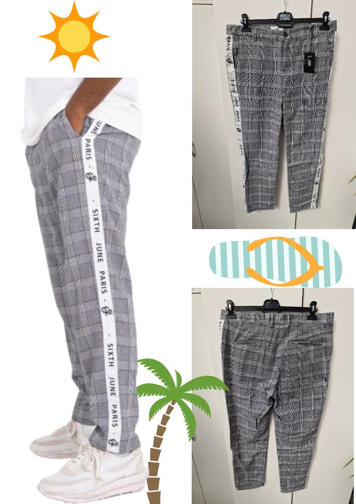 Pantalon Prince De Galles Gris Blanc Bandes Blanches Sixth June