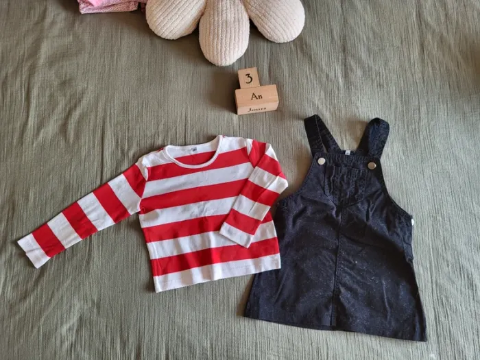 Ensemble robes salopette et t-shirt manches longues marinière 100% coton rentrée automne - photo numéro 6