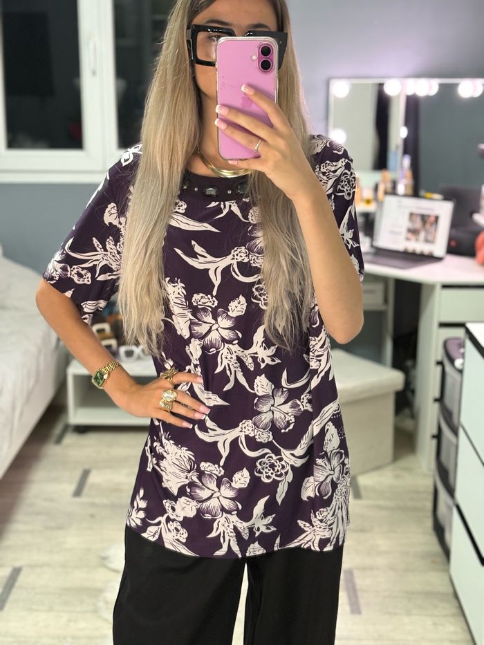 👚 Haut long à fleurs violet foncé – Alex line Fashion – Taille XL - photo numéro 2