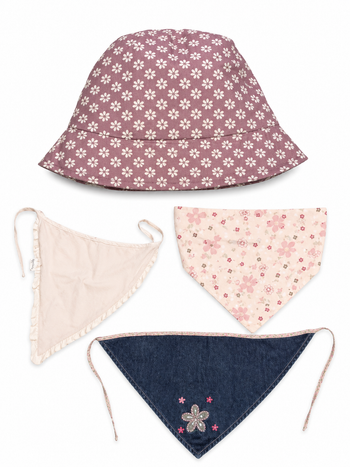 Lot : 1 bob / chapeau (53cm)  + 3 foulards, fille. De 18 mois à 5 ans. 