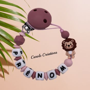 Attache tétine silicone personnalisé lion 3D fille rose
