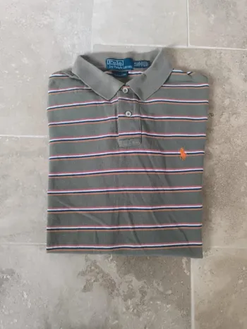 Polo Ralph Lauren homme L marron clair rayures colorées logo orange bon état général