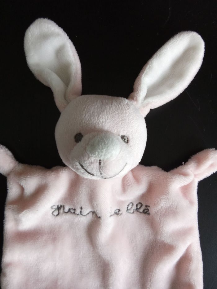 Doudou lapin, rectangle bébé fille rose pâle, blanc, marque grain de blé - photo numéro 3