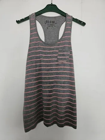 Débardeur marinière dos nageur avec poche fille - Taille 14 ans (156cm) - Bilook - Gris et rose