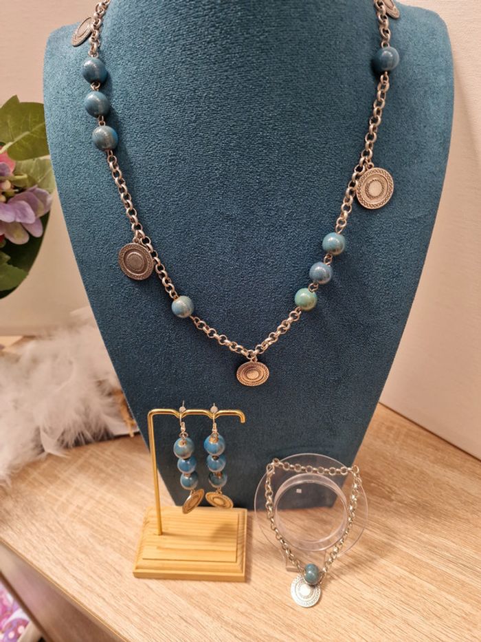 Parure De Bijoux Collier Boucles D'oreilles Bracelet Argentée Perles Turquoises - photo numéro 8