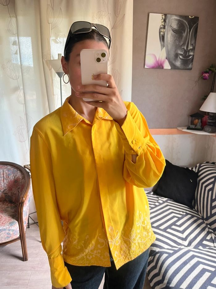 Chemise jaune vintage bohème country old money dentelle brodée - photo numéro 3