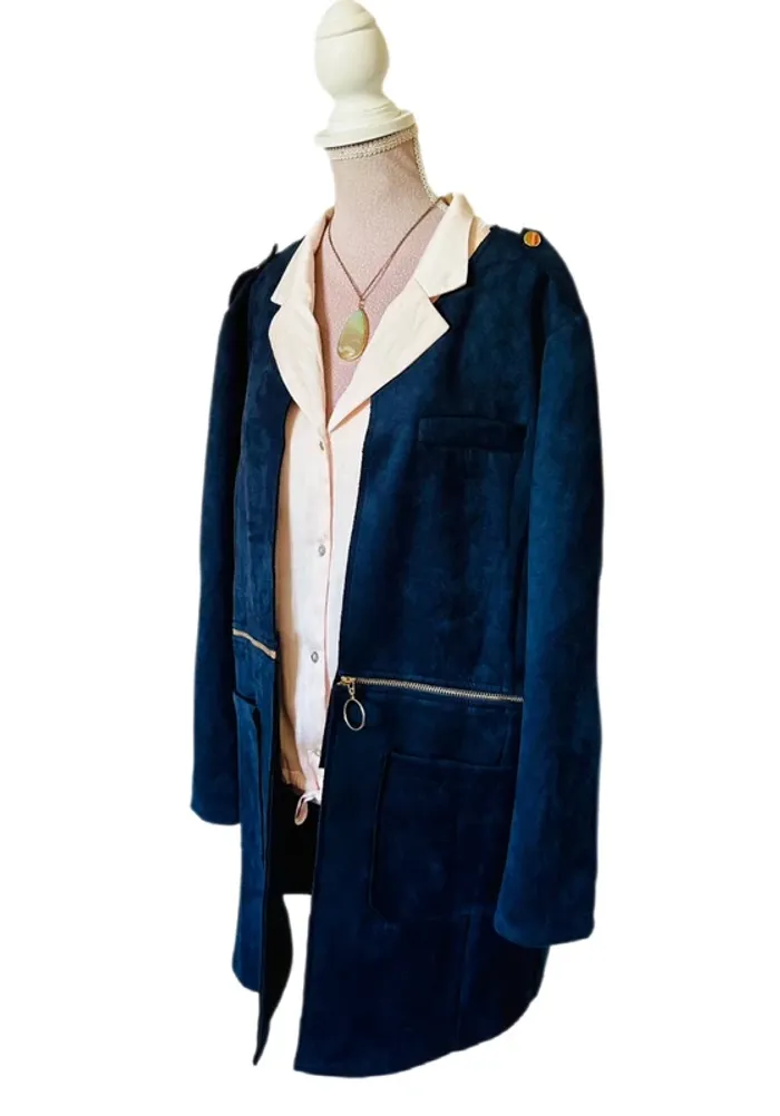 💙Veste vintage bohème 2-en-1 Carnaby mi-longue ou courte Taille 42/XL Versatile navy suede jacket💙 - photo numéro 5