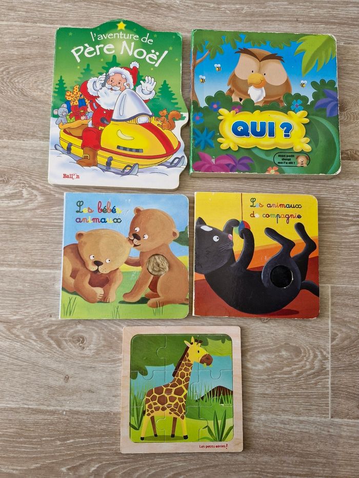 Lot de 4 livres à toucher et puzzle en bois pour bébé 12/24 mois