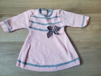 🌴 Robe d'hiver en laine rose et gris avec noeud taille 3 mois