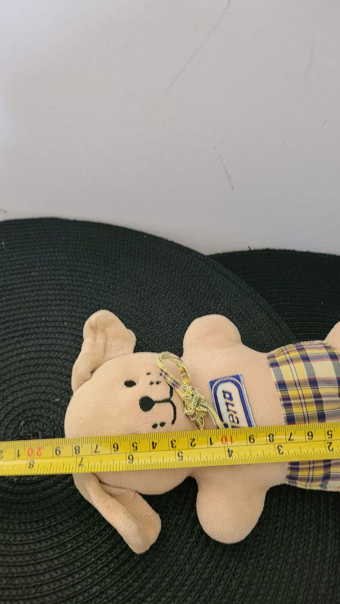 doudou peluche ajena chien grelot beige ecru creme marrobn taupe short ecossais carreaux jaune bleu - photo numéro 3