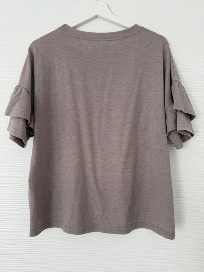 Haut t-shirt gris à manches courtes volants uni basique simple col rond - photo numéro 5