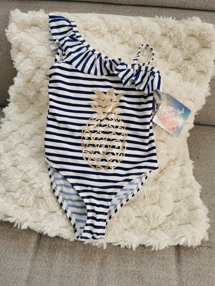 Maillot de bain 1 pièce rayé bleu marine et blanc 1 ananas doré enfant fille Miss culture sud 2 ans - photo numéro 2