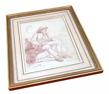 Ancienne gravure à suspendre façon sanguine  " Le fumeur " l' homme à la pipe