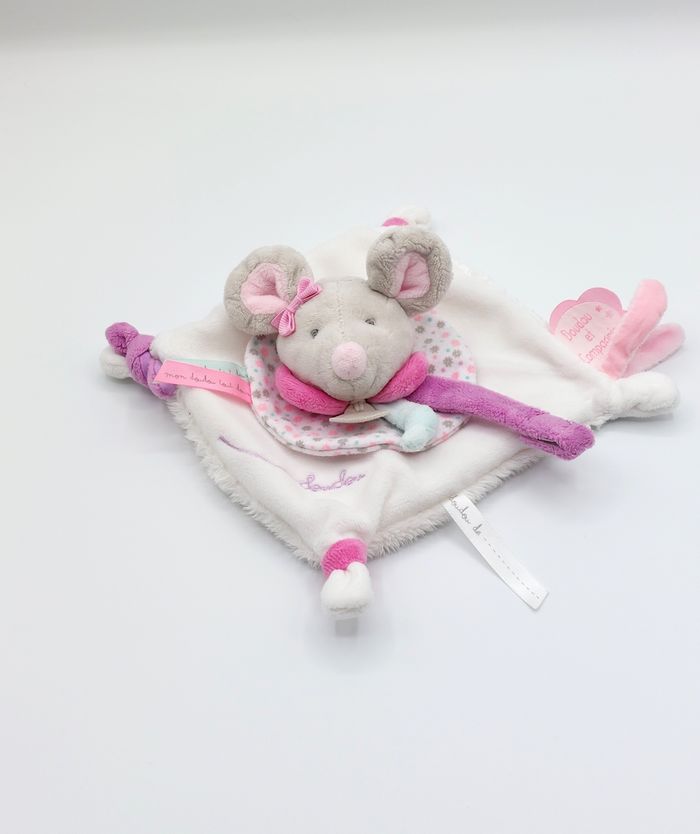 DOUDOU ET COMPAGNIE souris Pearly DC2976 gris blanc rose mauve attache sucette