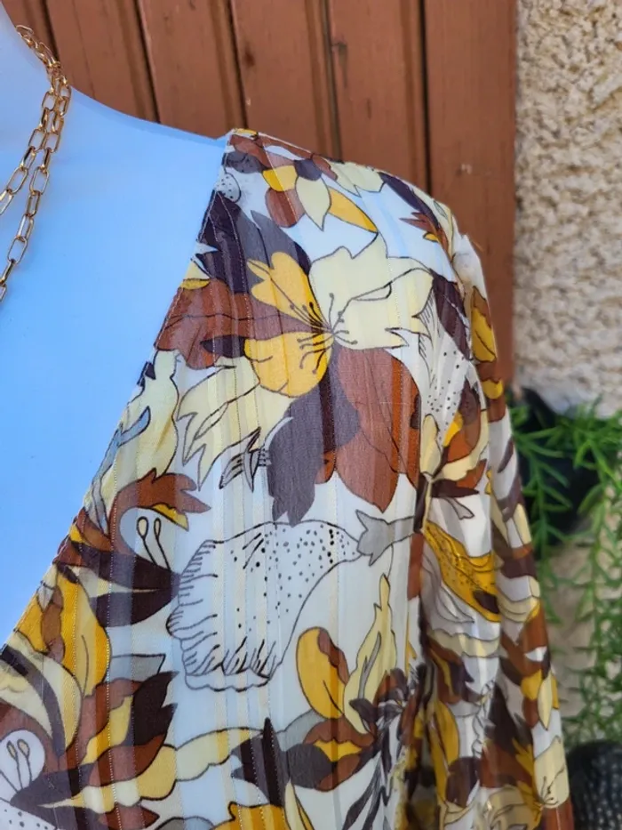 Blouse voile élégante fleuri ivoire moutarde marron riu taille 44 - photo numéro 3