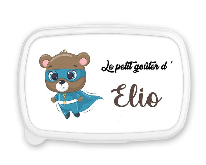 Boîte à goûter personnalisée prénom ours super-héros – Fond bleu – Lunch box garçon – Rentrée scolaire maternelle ou crèche
