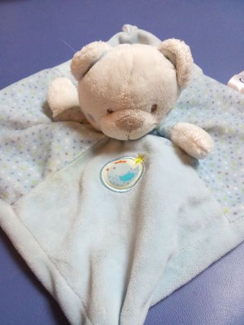 Doudou carré garçon bébé tête ours bleu mots d'enfants, motif, mouchoir leclerc