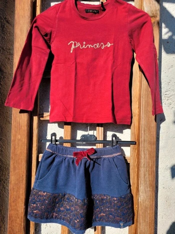 IKKS ensemble 3 pièces, jupe molleton+ haut manches longues et sweat court bordeaux et doré, 6 ans - photo numéro 2