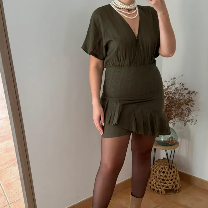 Robe Kaki Berenice avec Volants et Lurex