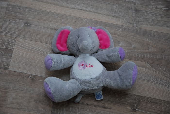 Doudou éléphant gris rose mauve Arthur et Lola Bebisol