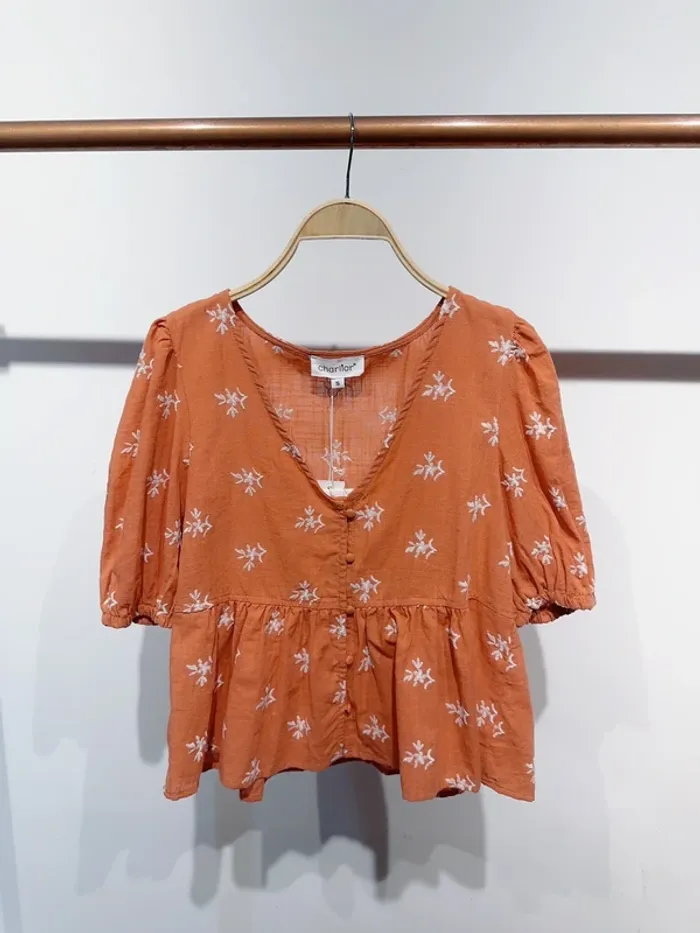 Blouse chemise terracotta fleurs blanches coton - photo numéro 2