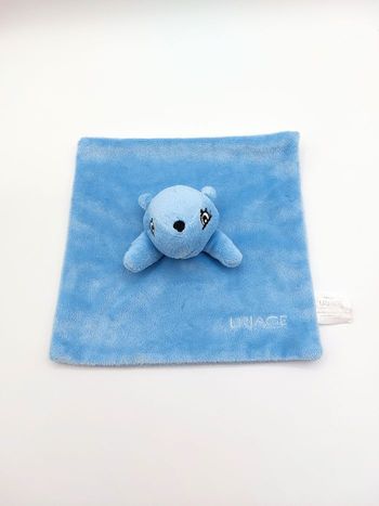 Doudou plat carré marmotte écureuil bleu URIAGE nez noir Sos doudou